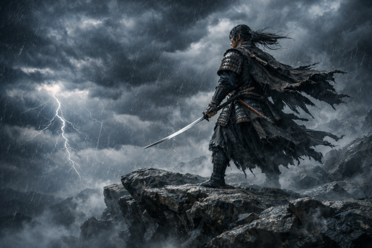 A fierce samurai in torn armor holding a sword stands on a rocky cliff during a storm with lightning and rain
