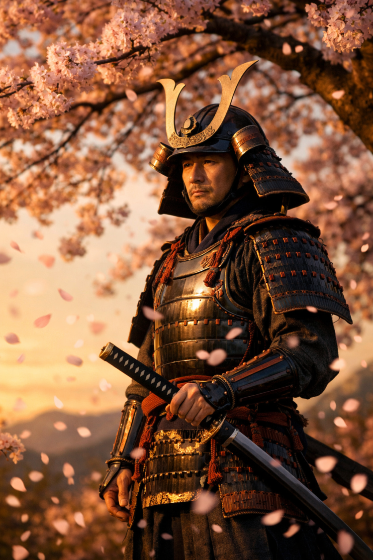 Japanese samurai in traditional armor stands under cherry blossom tree holding a katana with falling petals