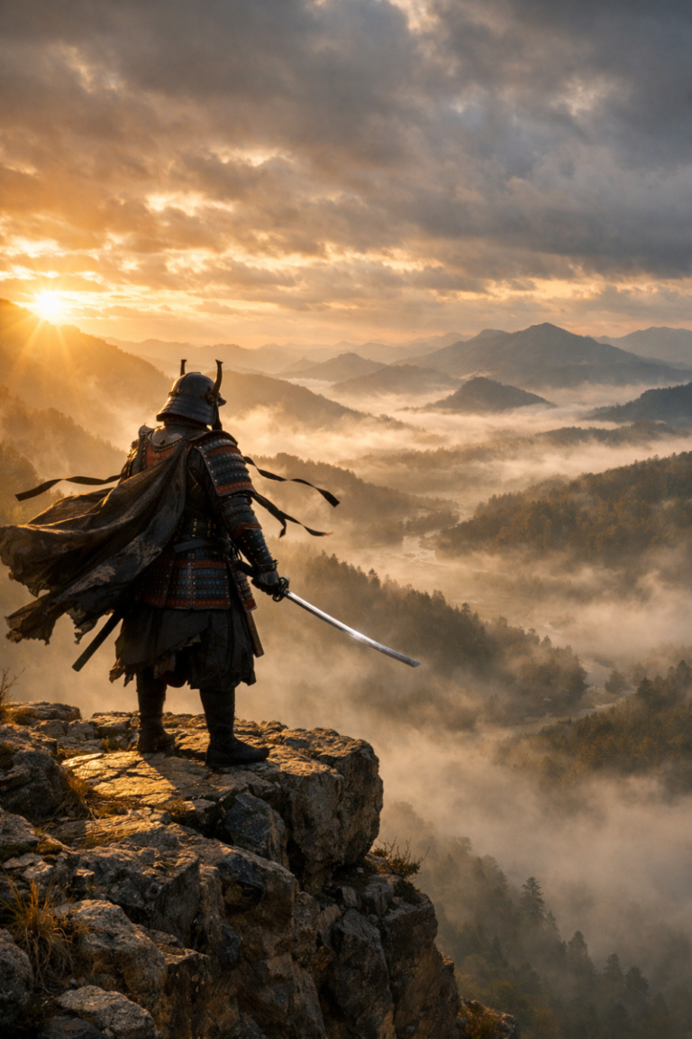 A samurai warrior in traditional armor stands on a rocky cliff at sunrise, looking over a mist-covered mountain valley.