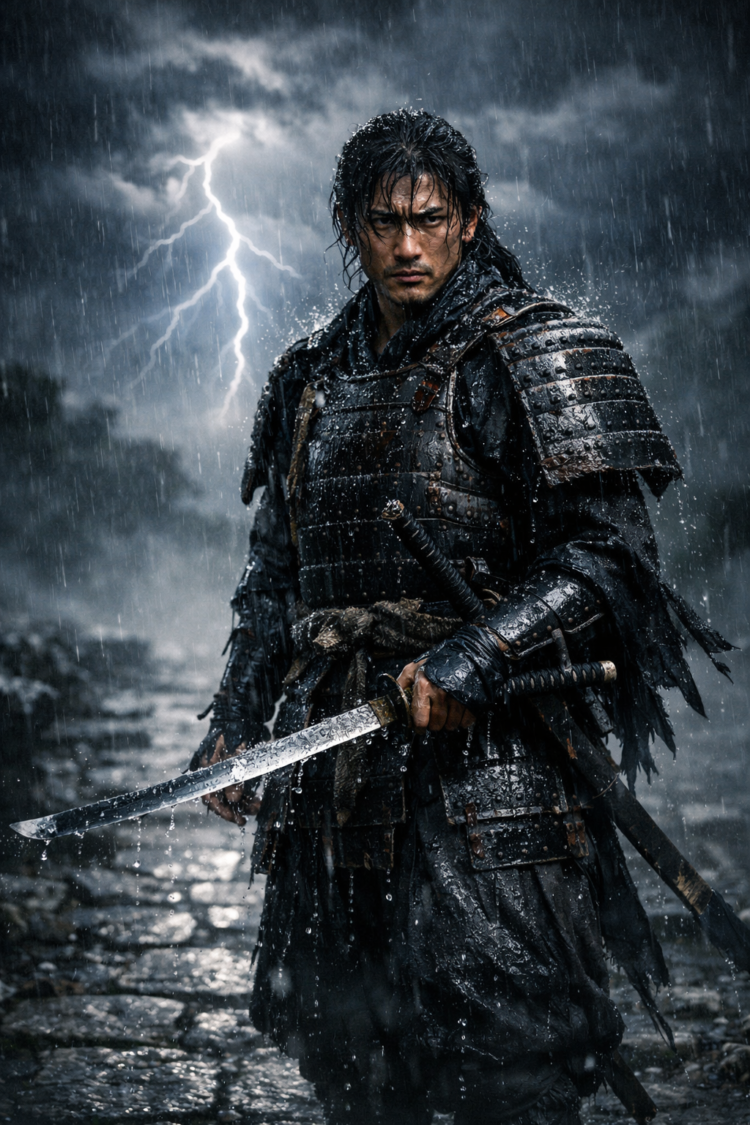 A fierce samurai warrior in traditional armor holding a wet katana sword during heavy rain and lightning.