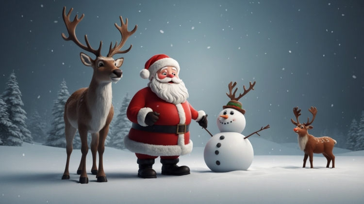 Santa Claus stands with a snowman and two reindeer in a snowy forest with gently falling snowflakes.