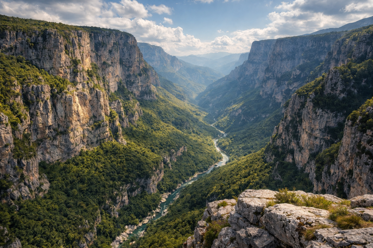 A breathtaking view of a winding river flowing through a deep canyon with steep rocky cliffs and green forest under a partly cloudy sky.