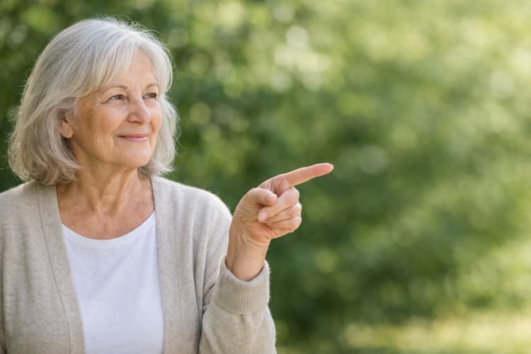 Smiling elderly woman wearing a light cardigan pointing to her right in a natural outdoor setting with blurred greenery