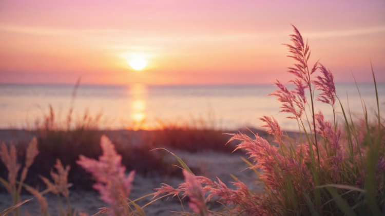 Sunset over calm ocean with gentle pink beach grasses in foreground creating a peaceful landscape