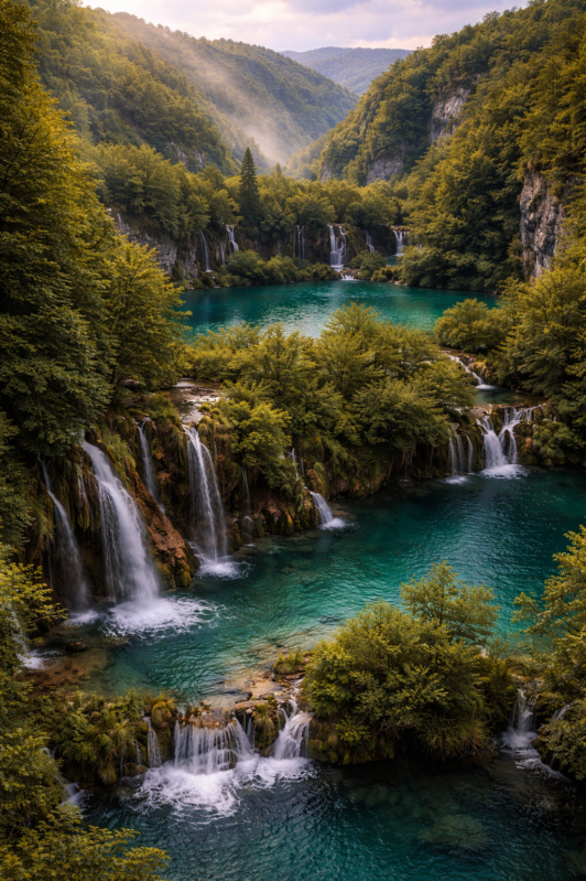 Panoramic view of a lush green forest with cascading waterfalls flowing into a clear turquoise lake surrounded by hills under a cloudy sky