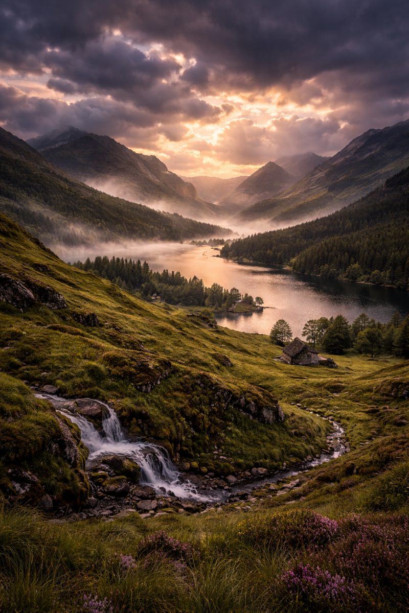 A tranquil mountain valley with a flowing river and small waterfall under a dramatic cloudy sunset sky
