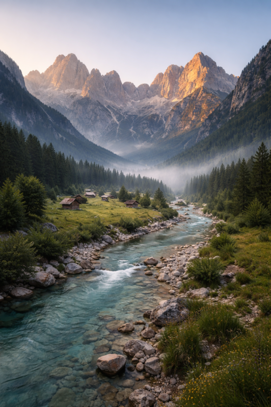 A crystal-clear river flowing through a green valley surrounded by pine forests and towering sunlit mountain peaks in early morning light