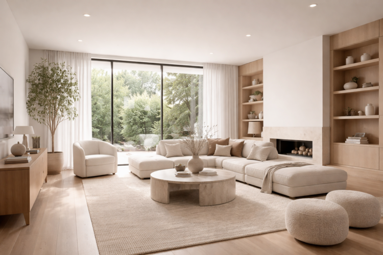 Cozy living room with beige sectional sofa, round marble coffee table, floor-to-ceiling windows overlooking greenery, and wooden shelving