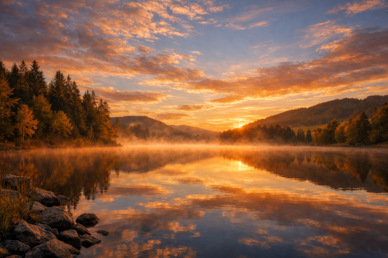 A misty lake at sunrise with golden light, calm water reflecting colorful clouds and surrounding forested hills.