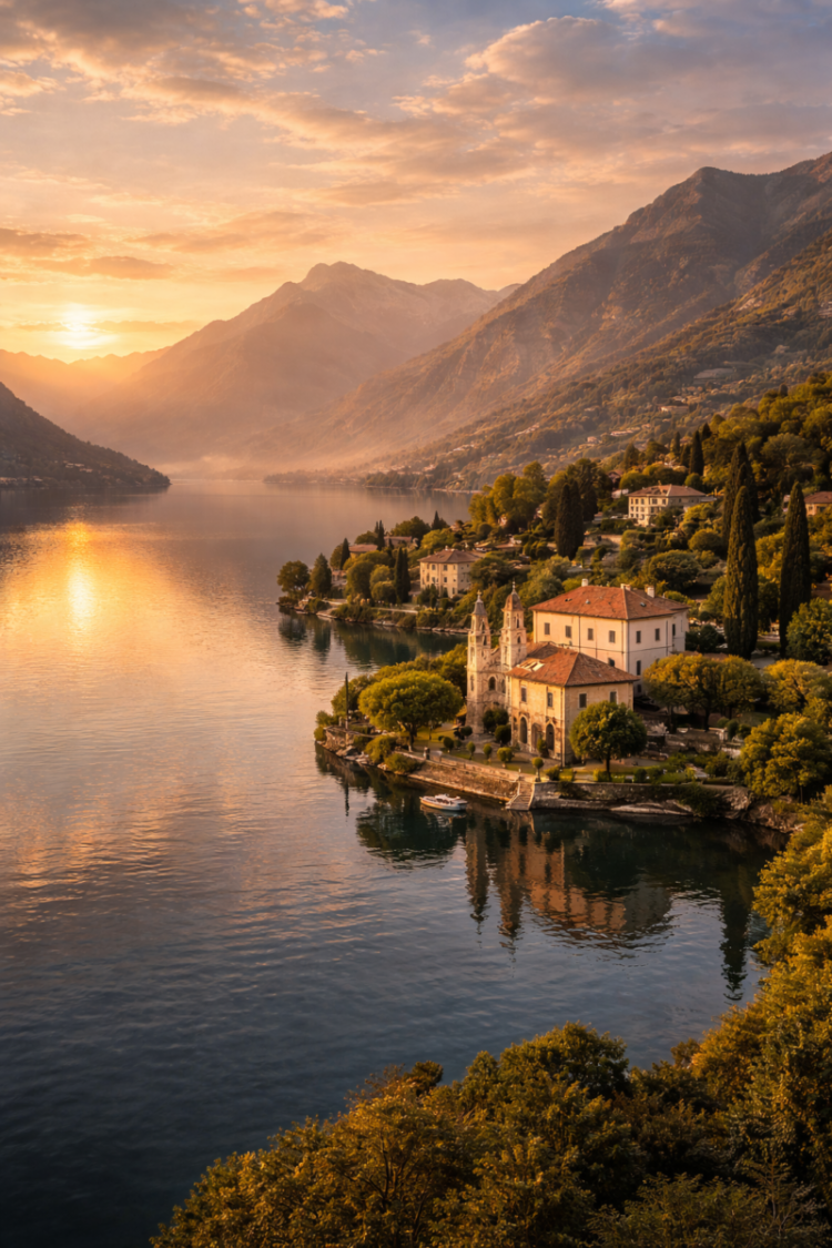 Sunset view over a tranquil mountain lake with reflections of a historic village and lush greenery along the shore