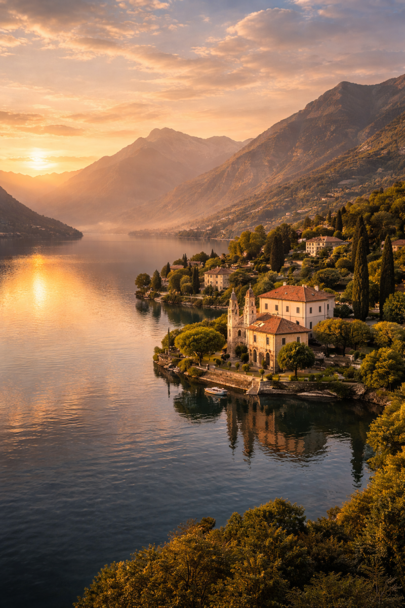 Sunset view over a tranquil mountain lake with reflections of a historic village and lush greenery along the shore