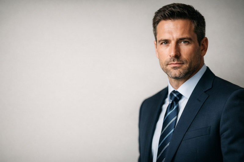 Close-up portrait of a serious, confident businessman wearing a navy suit and striped tie against a neutral background