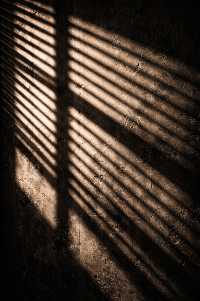 Sunlight casting striped shadows from blinds onto a rough cracked textured wall creating dramatic light and dark contrast