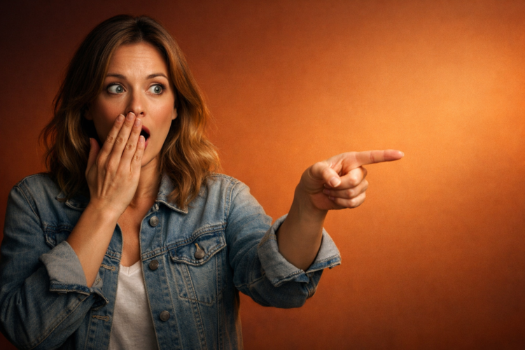 A surprised woman with wide eyes and open mouth covers her mouth with one hand while pointing with the other on an orange background