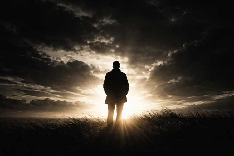Silhouette of a person standing on grassy field with a dramatic cloudy sky and bright setting sun in the background