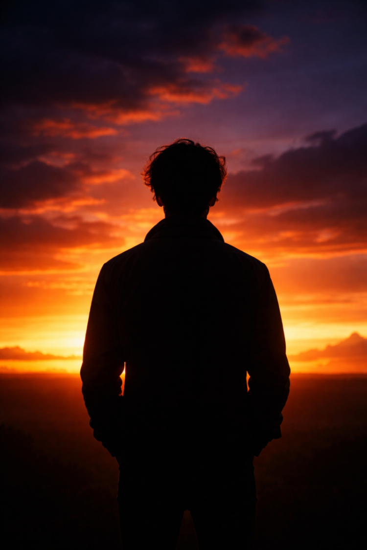 Silhouette of a person standing with hands in pockets against a vibrant orange and purple sunset sky