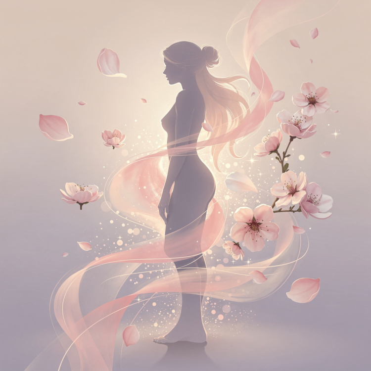 Elegant silhouette of a woman surrounded by pink cherry blossoms and flowing translucent ribbons with sparkling light effects