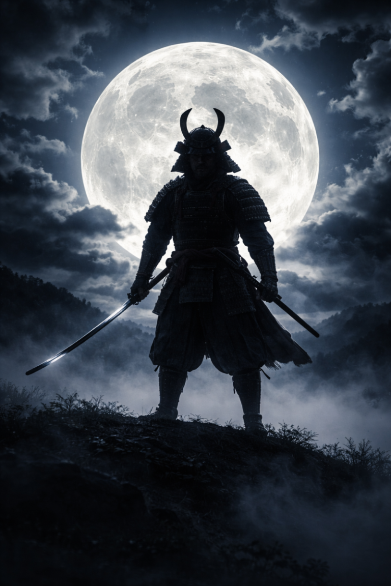 A samurai warrior in traditional armor stands silhouetted against a glowing full moon in a misty night landscape