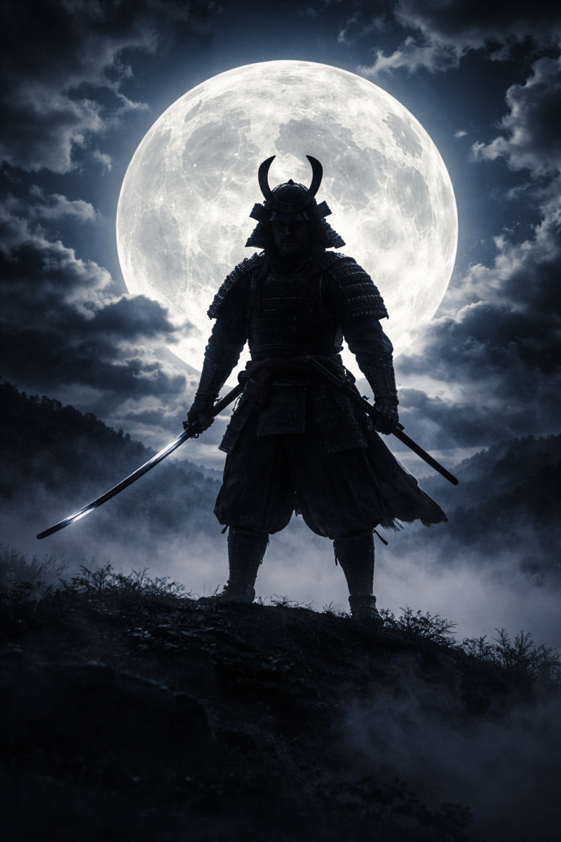 A samurai warrior in traditional armor stands silhouetted against a glowing full moon in a misty night landscape