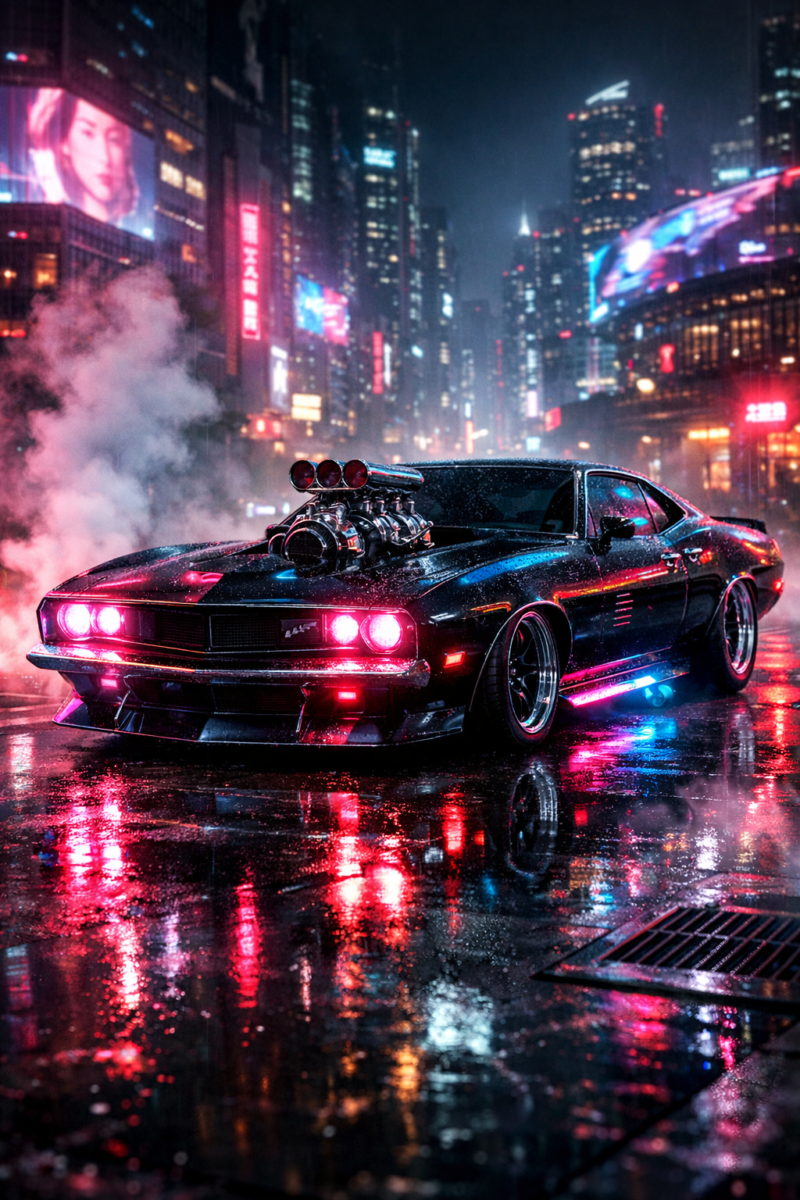 Black muscle car with neon pink headlights and a powerful engine on a wet city street at night with skyscrapers and lights