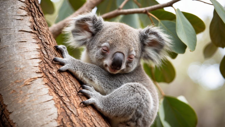 Close-up of a calm koala with closed eyes clinging to a tree branch surrounded by green leaves.