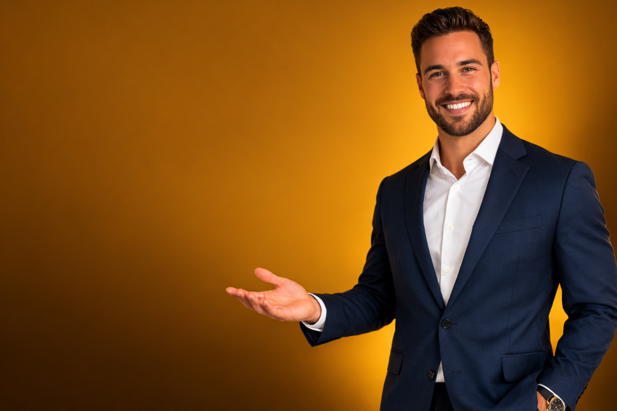 Confident businessman in a navy suit smiling warmly and extending his hand toward the blank orange background