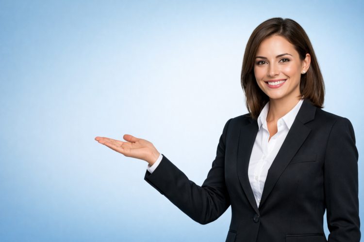 Professional woman in a black blazer and white shirt smiling while gesturing with her open hand on a light blue background