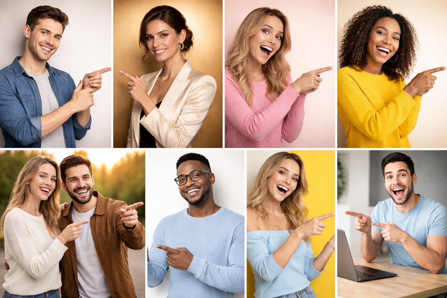 Collage of diverse adults smiling brightly and pointing right with enthusiasm in various indoor and outdoor settings