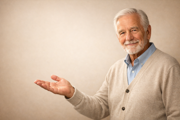 Happy elderly man with white hair and beard wearing a beige cardigan over a blue shirt, smiling and extending his hand in a welcoming gesture