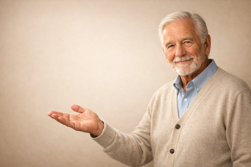 Elderly man with white hair and beard wearing beige cardigan and blue shirt, smiling while presenting with an open hand