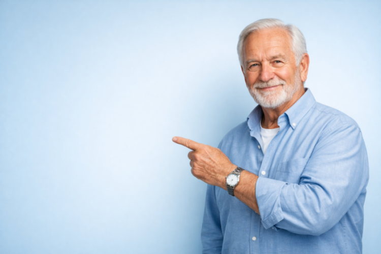 Happy elderly man in blue shirt smiling warmly and pointing to the left against a light blue background
