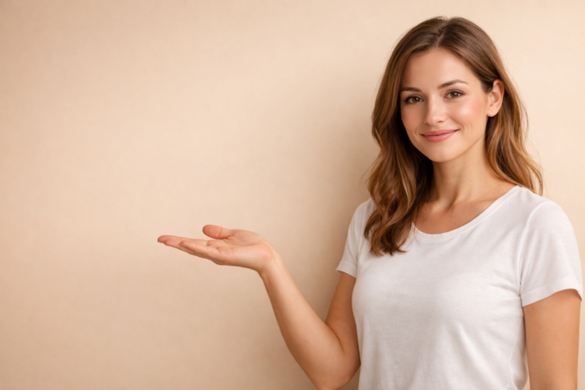 A young smiling woman in a white t-shirt facing the camera and gesturing with her open palm against a soft beige background