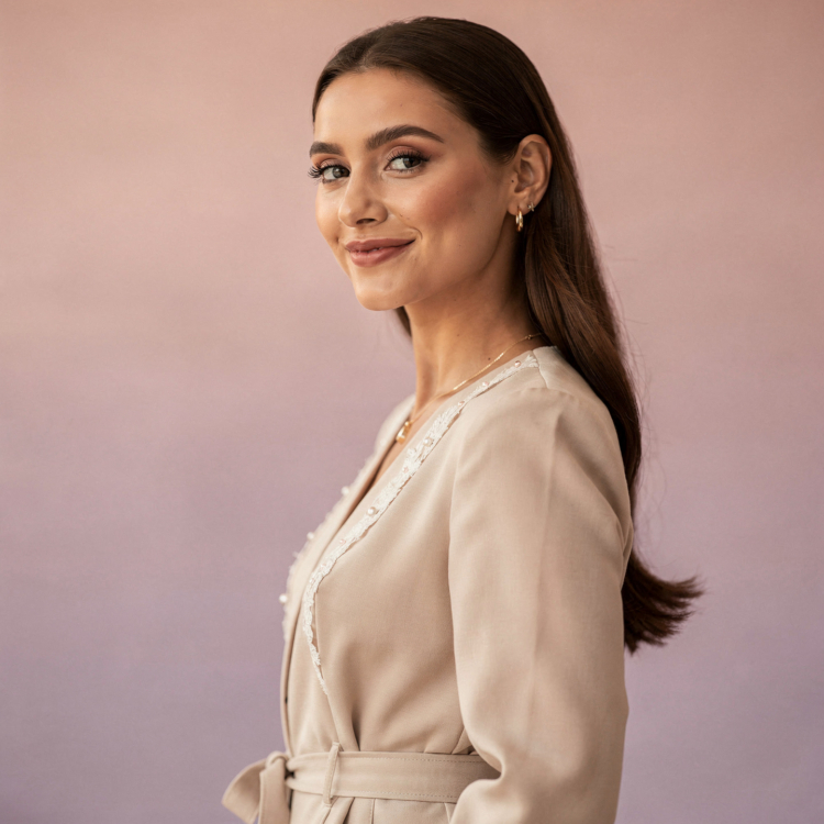 Portrait of a smiling woman wearing a beige dress with decorative details, standing against a soft gradient background.
