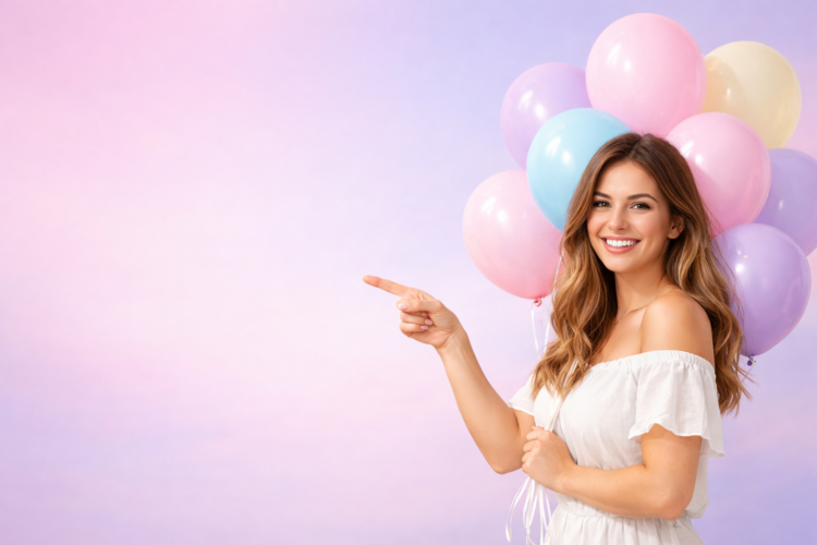 Happy young woman in white dress holding pastel balloons smiling and pointing to empty space on pink and purple gradient background
