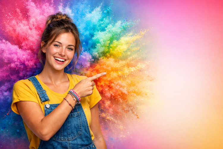 Happy young woman in yellow shirt and denim overalls pointing to colorful powder explosion blending rainbow hues