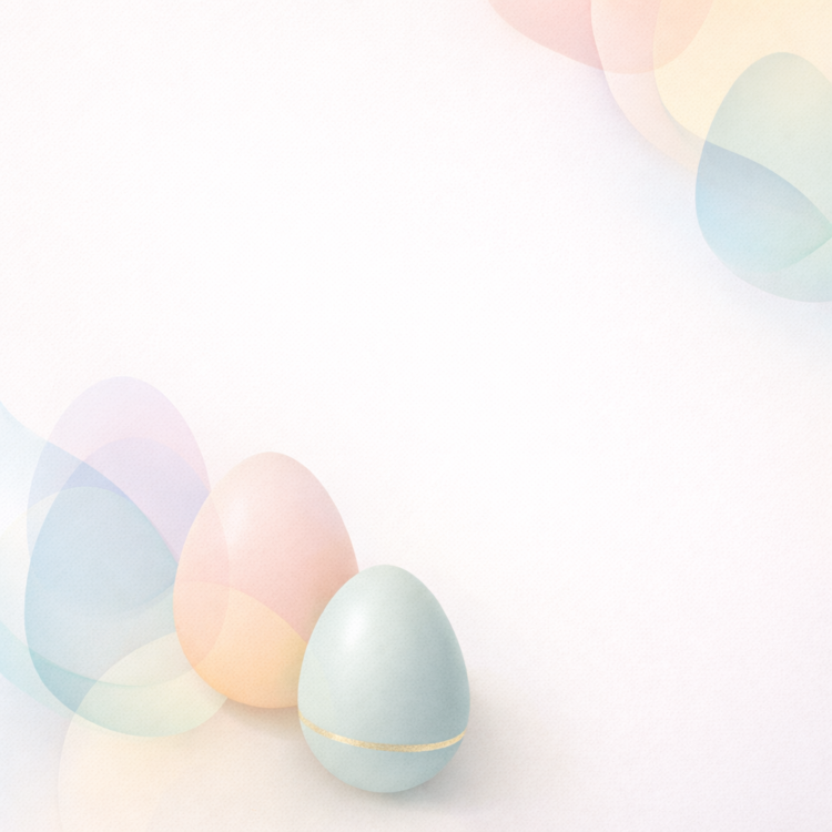 Minimalist design featuring three soft pastel colored Easter eggs on a light textured background with subtle overlapping shapes