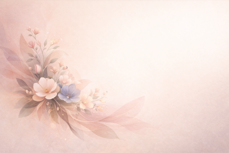 Soft pastel floral background featuring gentle pink and blue flowers with translucent leaves on a textured light backdrop