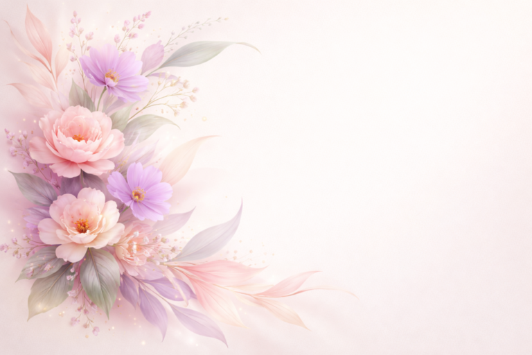 Delicate floral arrangement with soft pink and lavender flowers, pastel leaves, and gentle sparkles on a light, subtle background