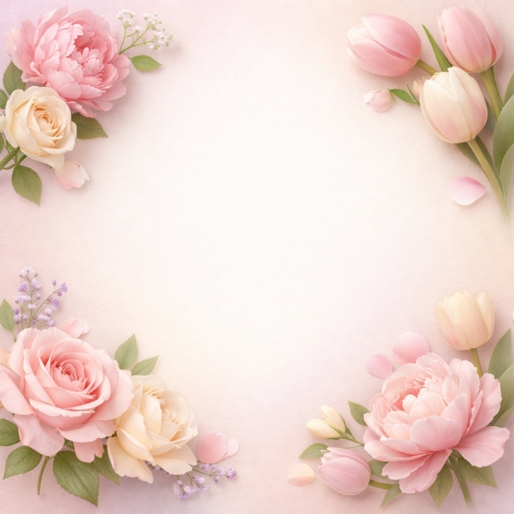 Delicate soft pink and cream roses and tulips arranged in a floral corner frame on a light textured background