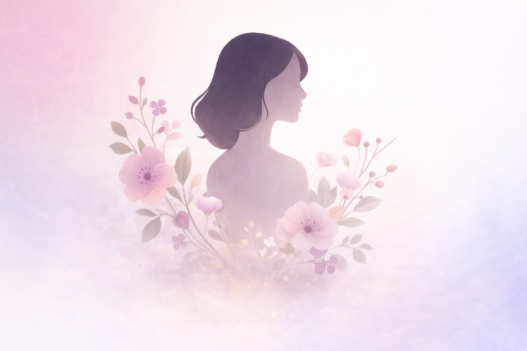 Delicate silhouette of a woman surrounded by pastel pink and lavender floral arrangements on a soft gradient background