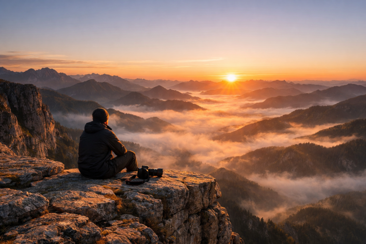 View of a man sitting on rocky cliff watching the sunrise over mist-covered mountainous terrain with warm golden light