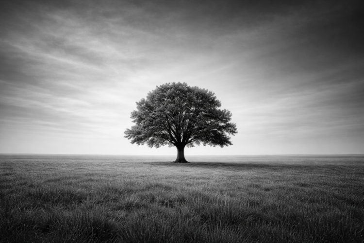 A solitary tree stands in the center of a vast grassy field under a softly cloudy sky, captured in black and white.