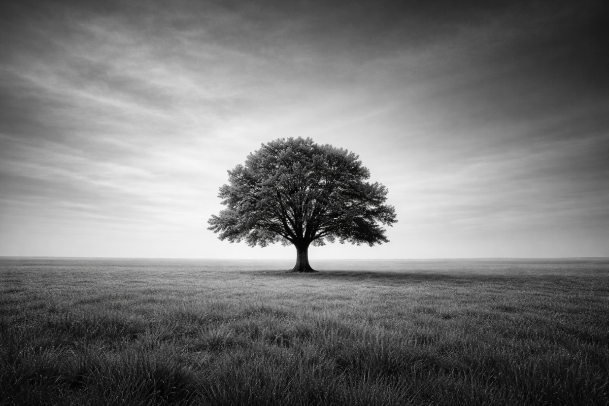 A solitary tree stands in the center of a vast grassy field under a softly cloudy sky, captured in black and white.