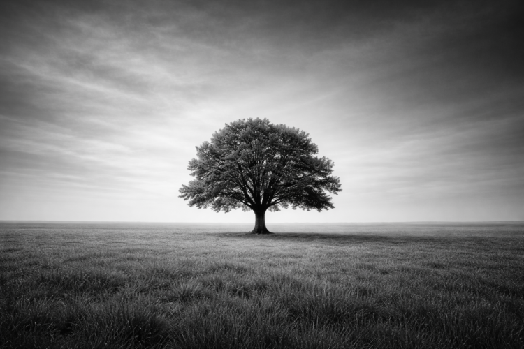 Black and white photograph of a large solitary tree standing in the middle of a vast grassy field under a cloudy sky