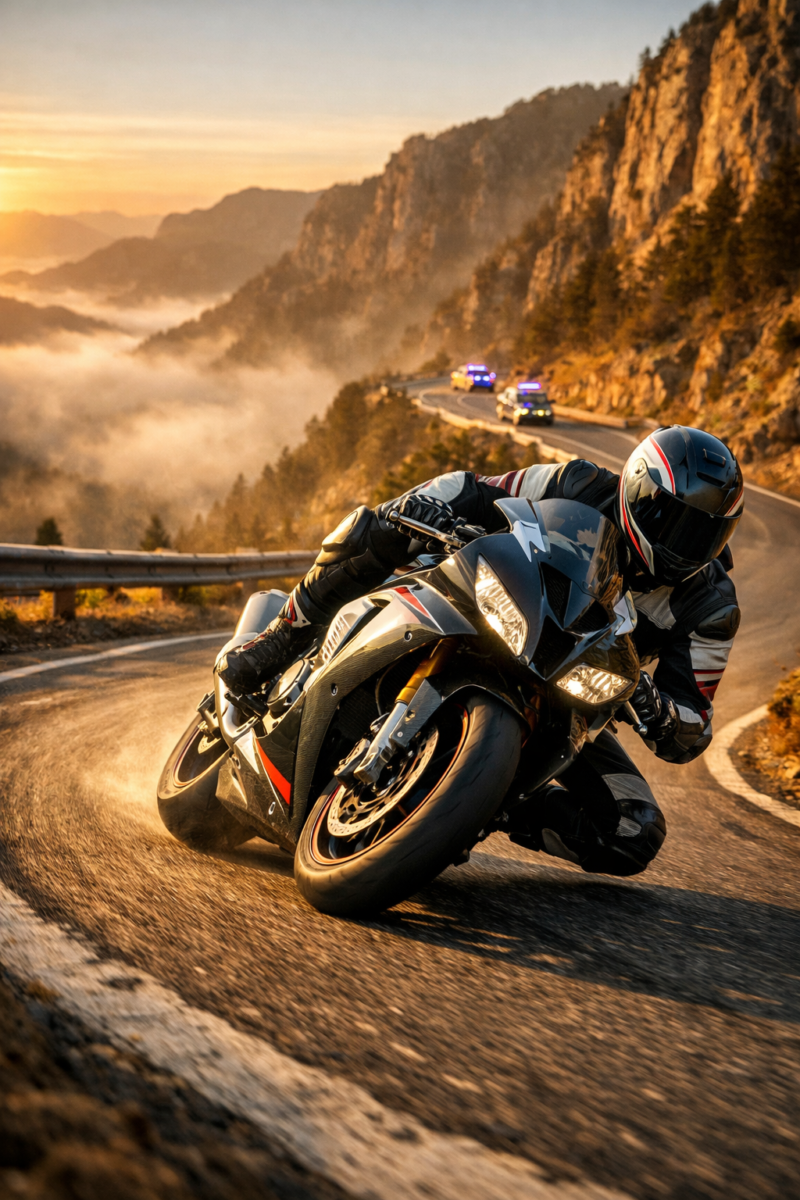 Motorcyclist in full gear leaning sharply on a black sportbike while cornering on a winding mountain road at sunset