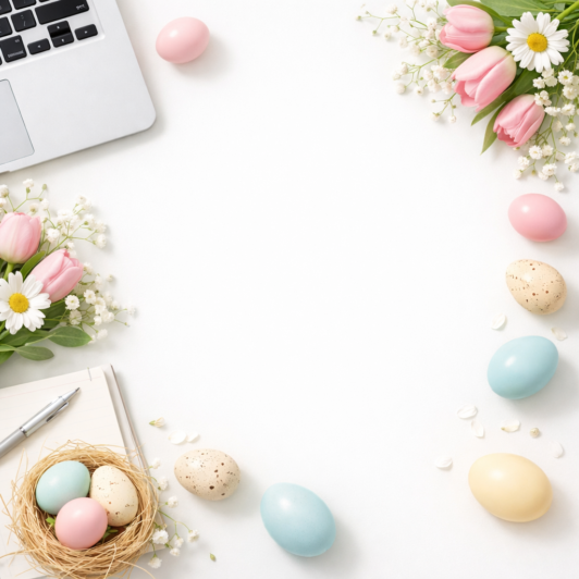Easter pastel-colored eggs arranged around a workspace with a laptop, notebook, pen, and spring flowers on white background