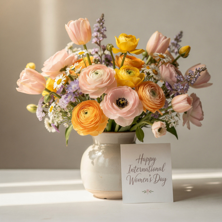 A beautiful bouquet of pink, yellow, and purple spring flowers in a ceramic vase with an International Women's Day greeting card