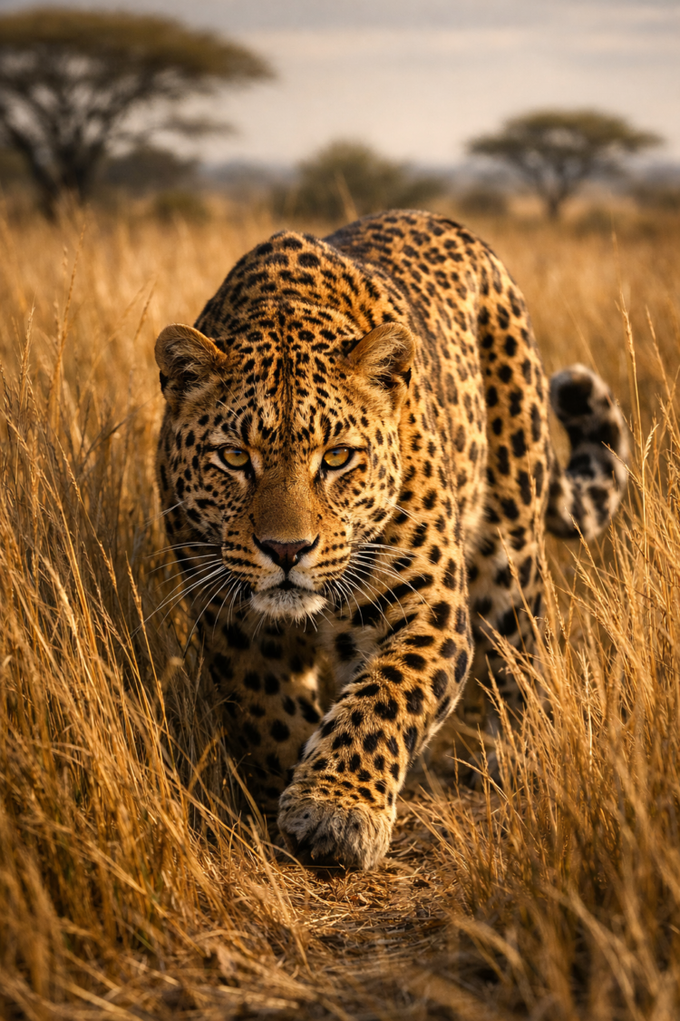 Close-up of a leopard stealthily walking through dry golden grass in African savanna with focused eyes and crouched posture