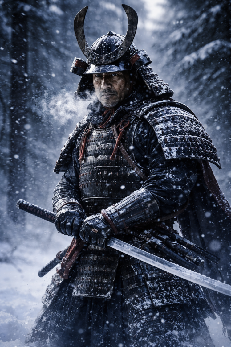 A samurai warrior in traditional armor standing in a snowy forest, gripping his katana with steam rising from his breath.