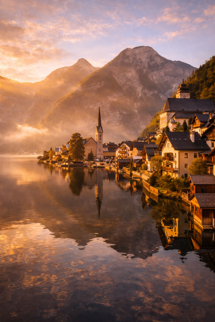 Serene mountain village by lake at golden sunrise with church steeple and houses reflecting on water